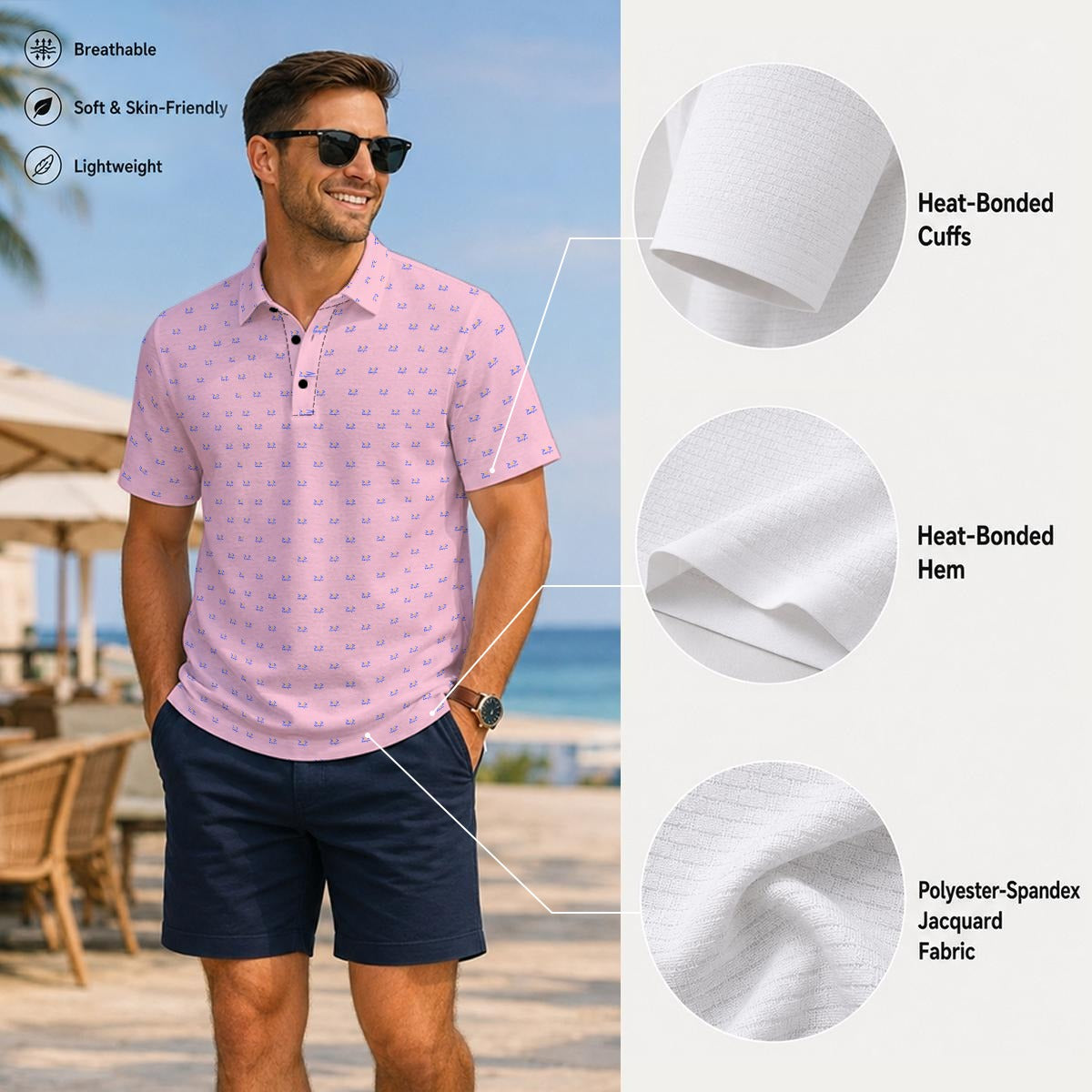 Bluffs & Bogeys Men's ~ Lucky Few Micro Print Pink Men's Polo V4