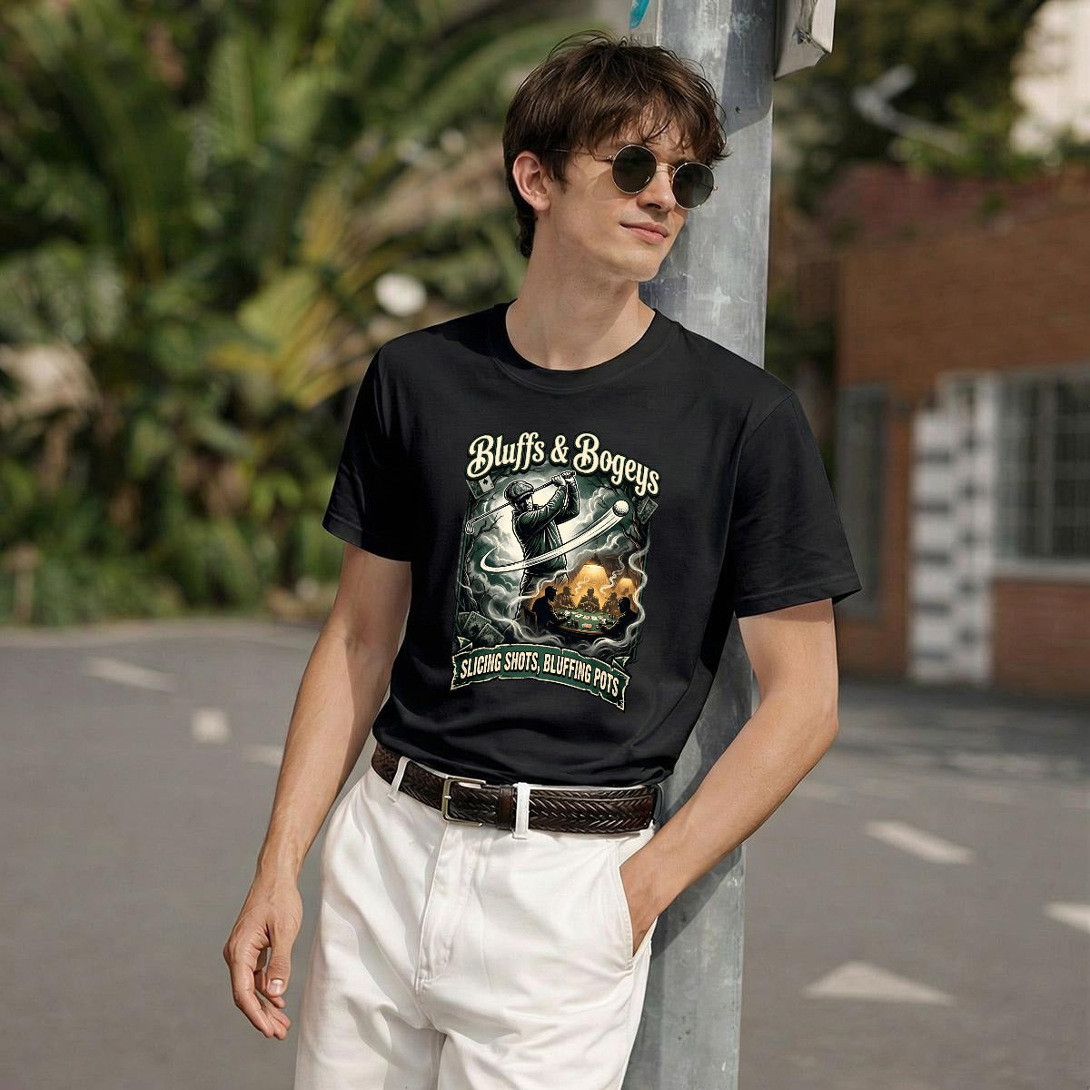 Bluffs & Bogeys “Slicing Shots, Bluffing Pots” Graphic Tee - Front