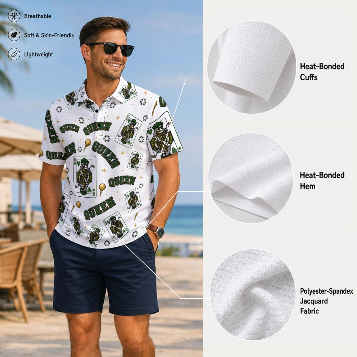 The Queen Performance Polo  White/ Green– Bluffs & Bogeys V4