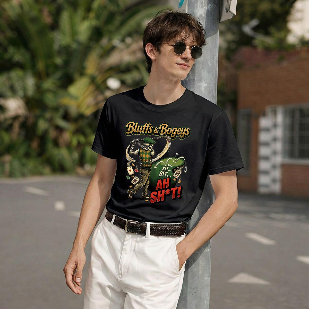 Bluffs & Bogeys “Sit… Sit… Ah Sh*t!” Tee "FRONT"