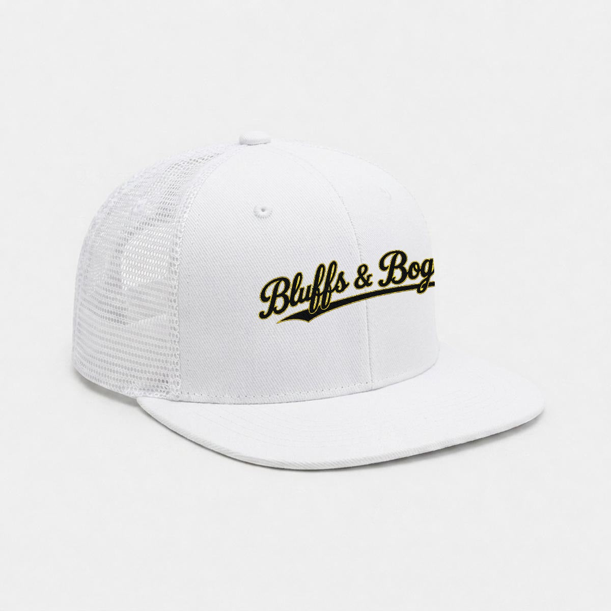 Bluffs & Bogeys Script Trucker Cap ~ White