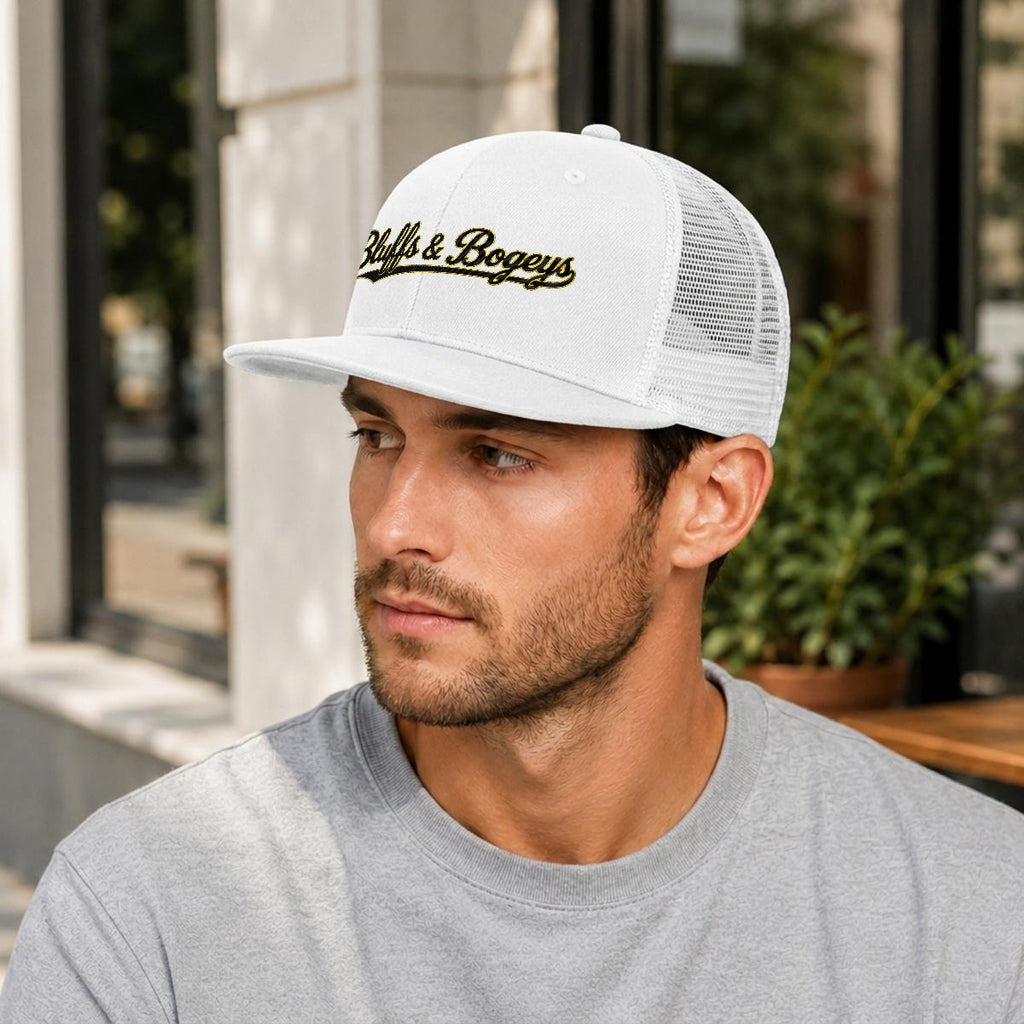 Bluffs & Bogeys Script Trucker Cap ~ White