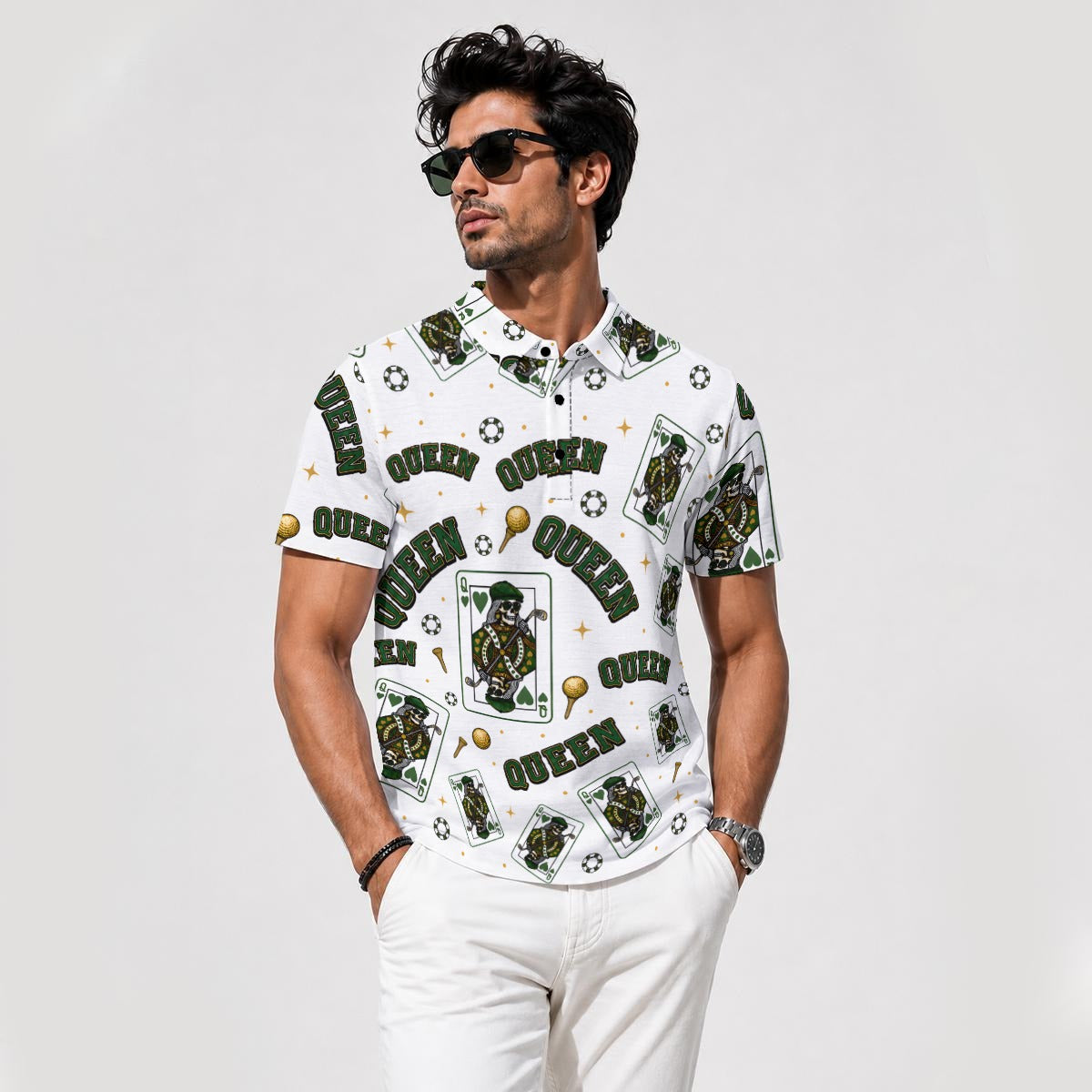 The Queen Performance Polo  White/ Green– Bluffs & Bogeys V4