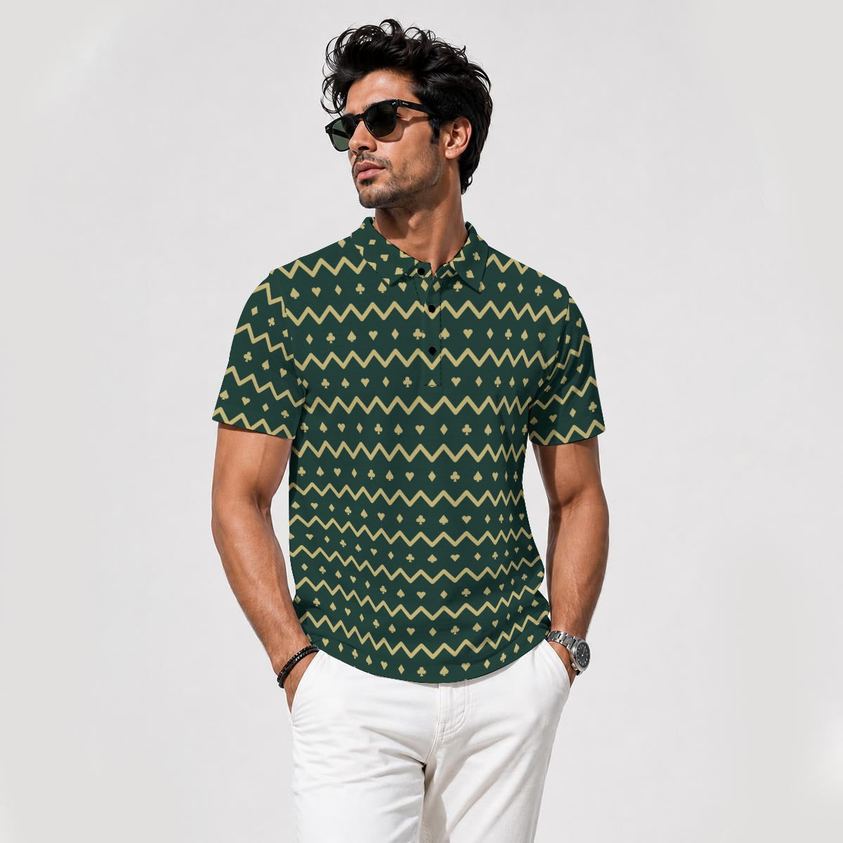 The Zigzag – Green & Gold Performance Golf Polo V4