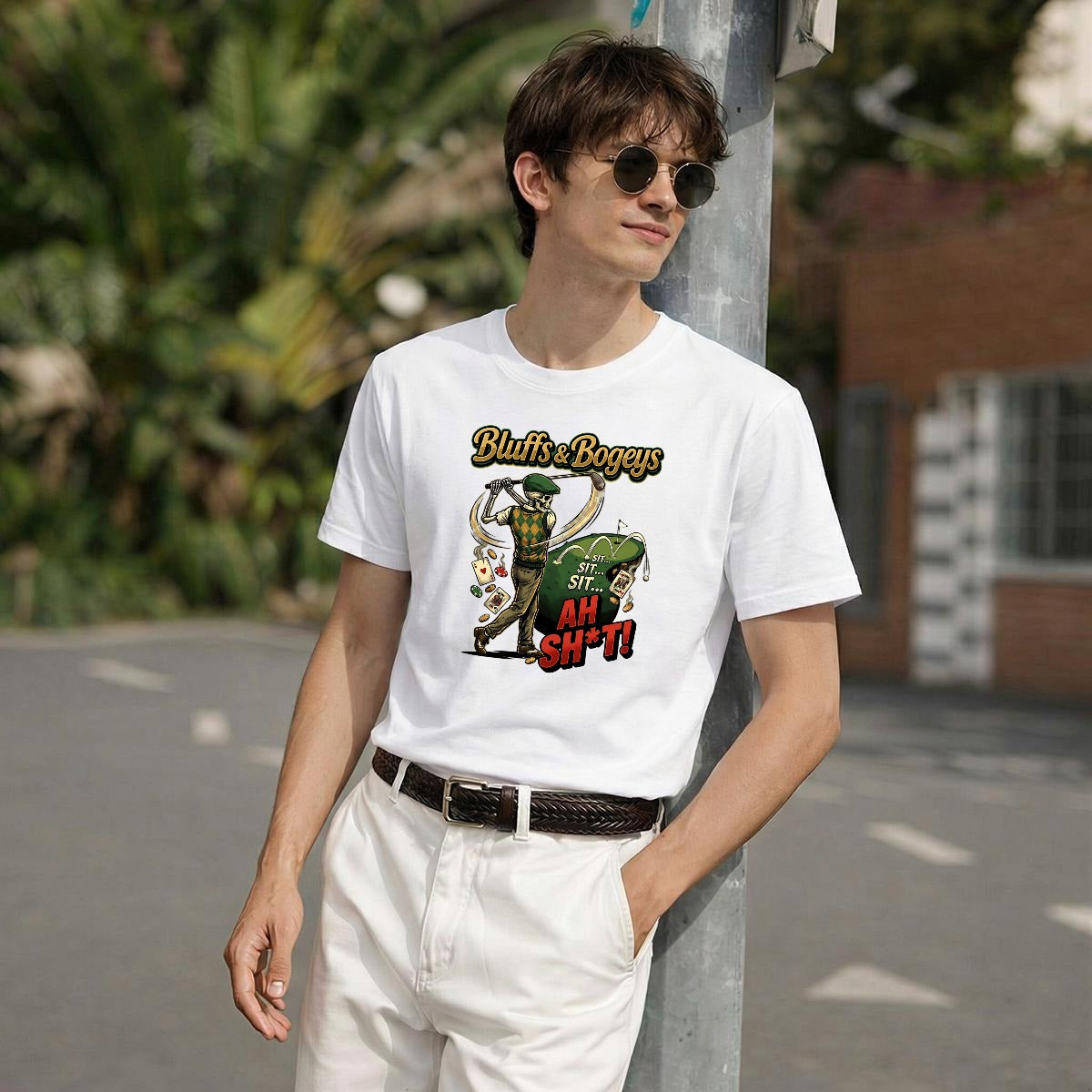 Bluffs & Bogeys “Sit… Sit… Ah Sh*t!” Tee "FRONT"