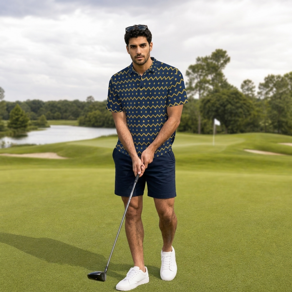The Zigzag – Navy & Gold Performance Golf Polo V4