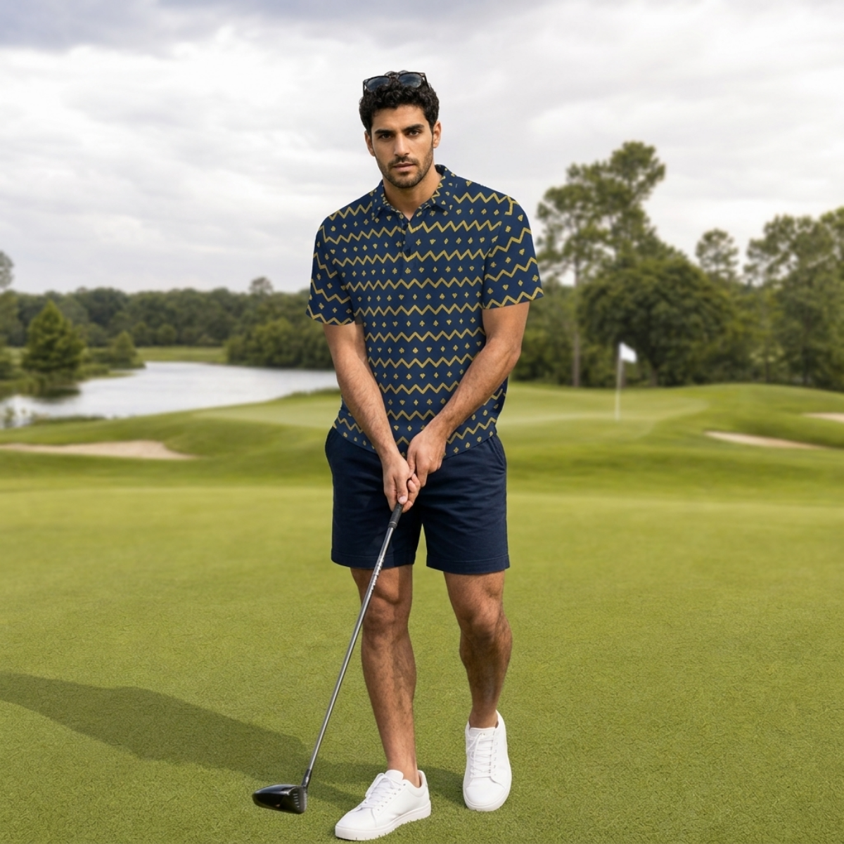 The Zigzag – Navy & Gold Performance Golf Polo V4