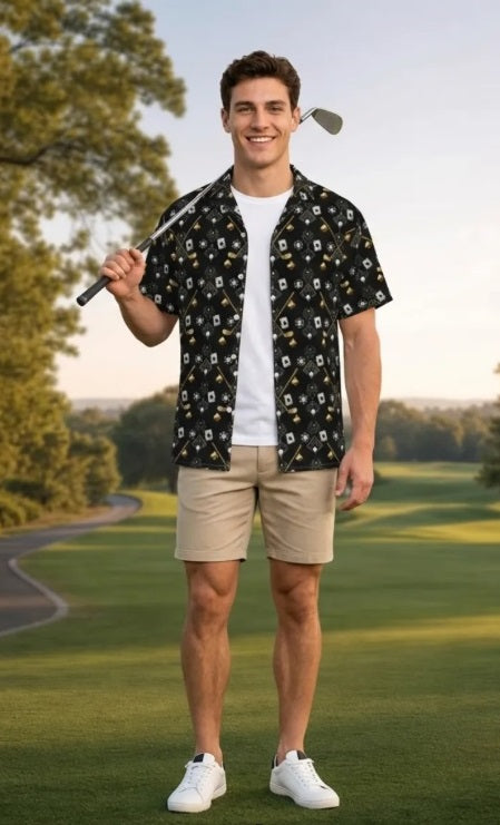 Bluffs & Bogeys Men's Performance Button-Up - Clubs and Cards  - Black