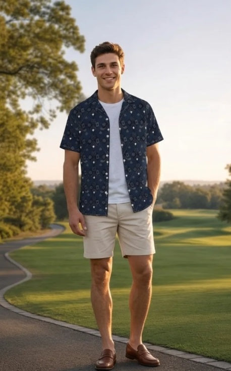 Bluffs & Bogeys Men's Performance Button-Up - Clubs and Cards  - Blue