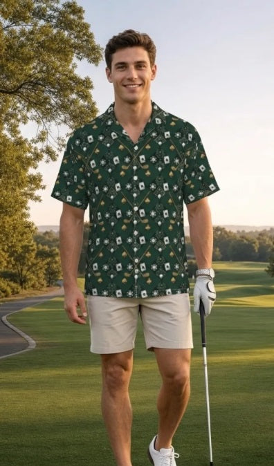 Bluffs & Bogeys Men's Performance Button-Up - Clubs and Cards  - Green