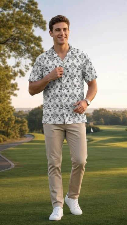 Bluffs & Bogeys Men's Performance Button-Up - Clubs and Cards  - White