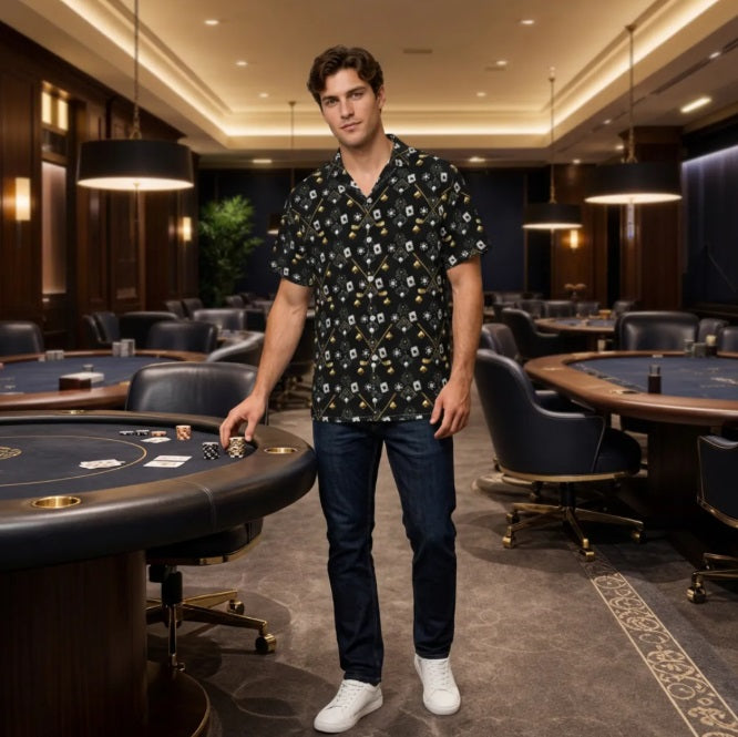 Bluffs & Bogeys Men's Performance Button-Up - Clubs and Cards  - Black