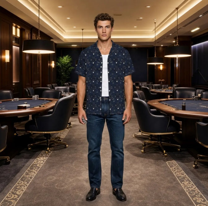 Bluffs & Bogeys Men's Performance Button-Up - Clubs and Cards  - Blue