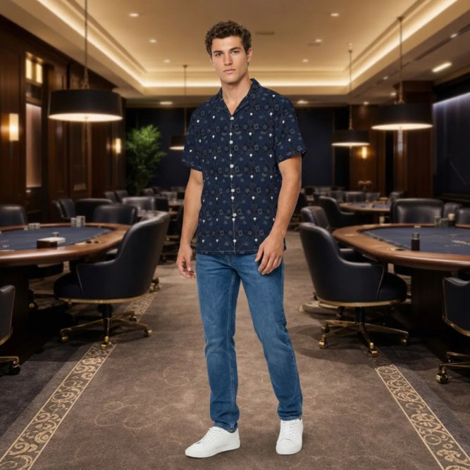 Bluffs & Bogeys Men's Performance Button-Up - Clubs and Cards  - Blue