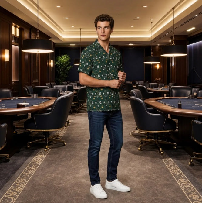 Bluffs & Bogeys Men's Performance Button-Up - Clubs and Cards  - Green