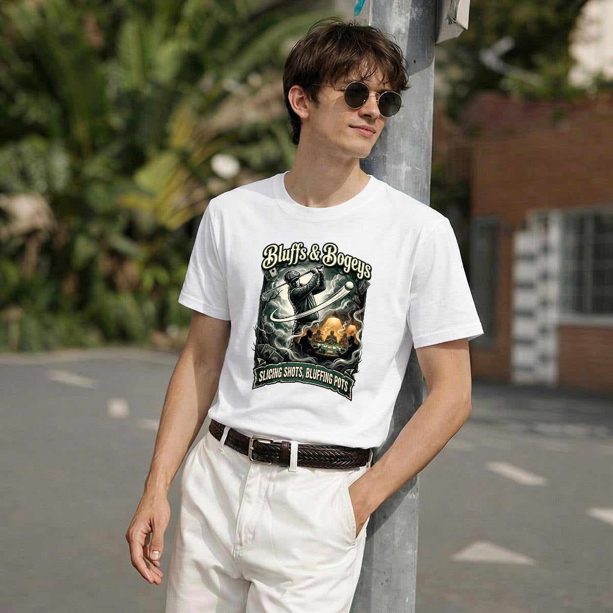 Bluffs & Bogeys “Slicing Shots, Bluffing Pots” Graphic Tee - Front