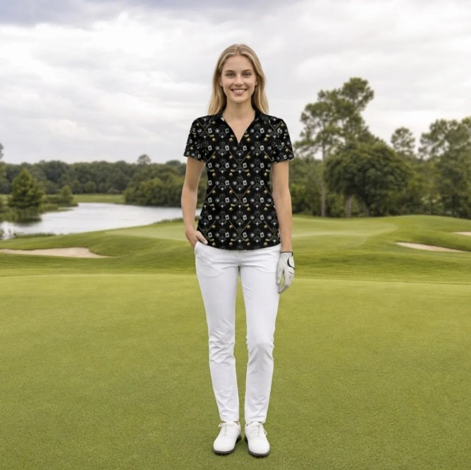 Bluffs & Bogeys ~ Cards and Clubs Black ~ Women’s Zip Polo