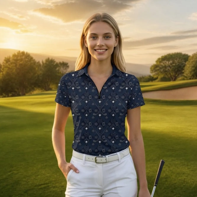 Bluffs & Bogeys ~ Cards and Clubs Blue~ Women’s Zip Polo