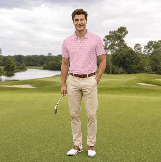 Bluffs & Bogeys Men's ~ Lucky Few Micro Print Pink Men's Polo V4