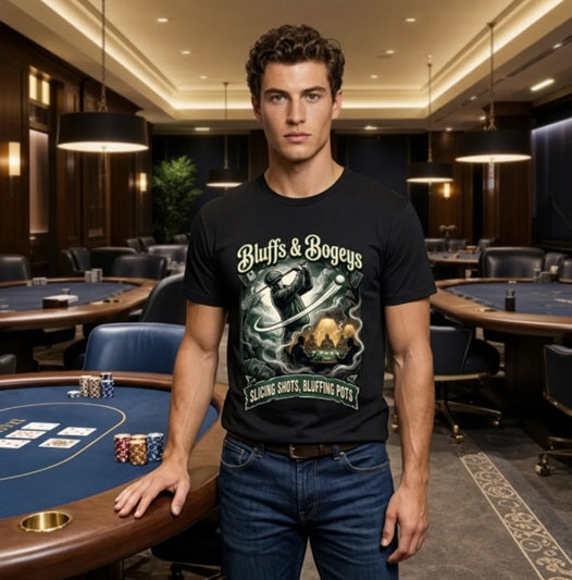 Bluffs & Bogeys “Slicing Shots, Bluffing Pots” Graphic Tee - Front