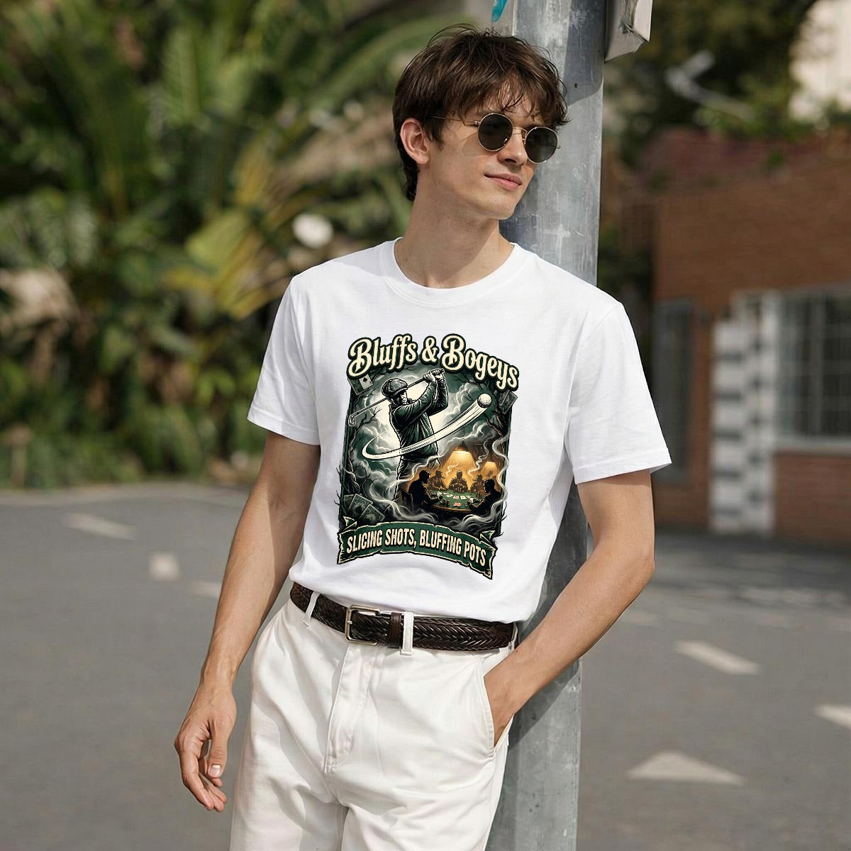 Bluffs & Bogeys “Slicing Shots, Bluffing Pots” Graphic Tee - Front